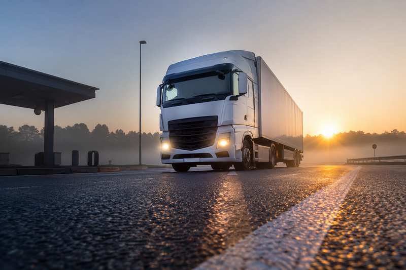 Camion de déménagement quittant une aire d'autoroute à l'aube