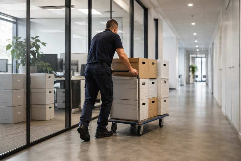 Cartons d'archives sur chariot dans un couloir de bureaux