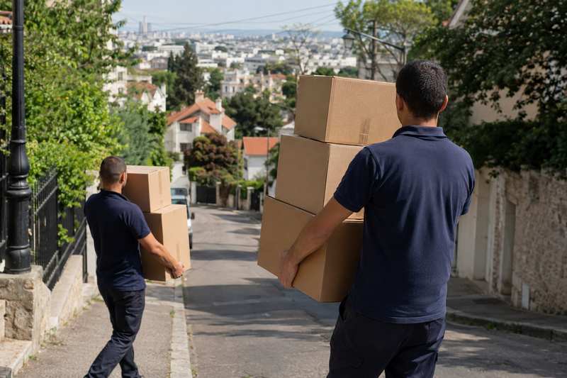 Déménageurs portant des cartons dans une rue de Suresnes