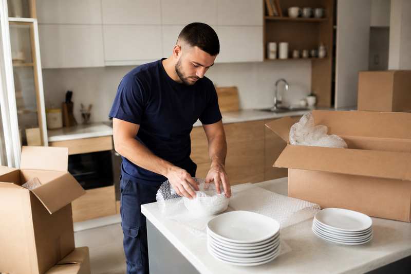 Emballage de vaisselle dans une cuisine avant un déménagement