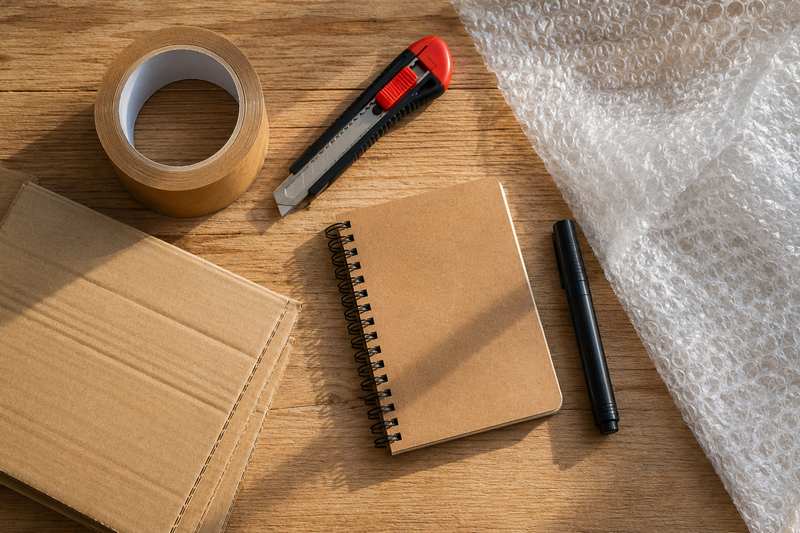 Matériel d'emballage de déménagement disposé sur un plan de travail