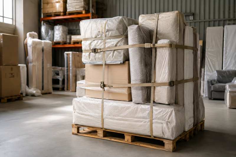Mobilier sous housses sanglé sur palette en entrepôt