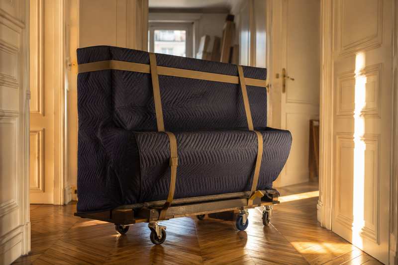 Piano droit sanglé sur chariot dans un couloir d'appartement