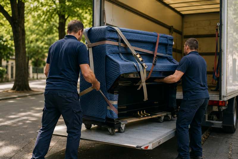 Piano protégé hissé sur le hayon élévateur d'un camion