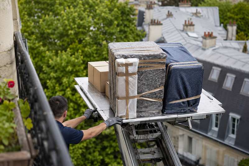 Plateforme de monte-meuble arrivant à un balcon d'étage