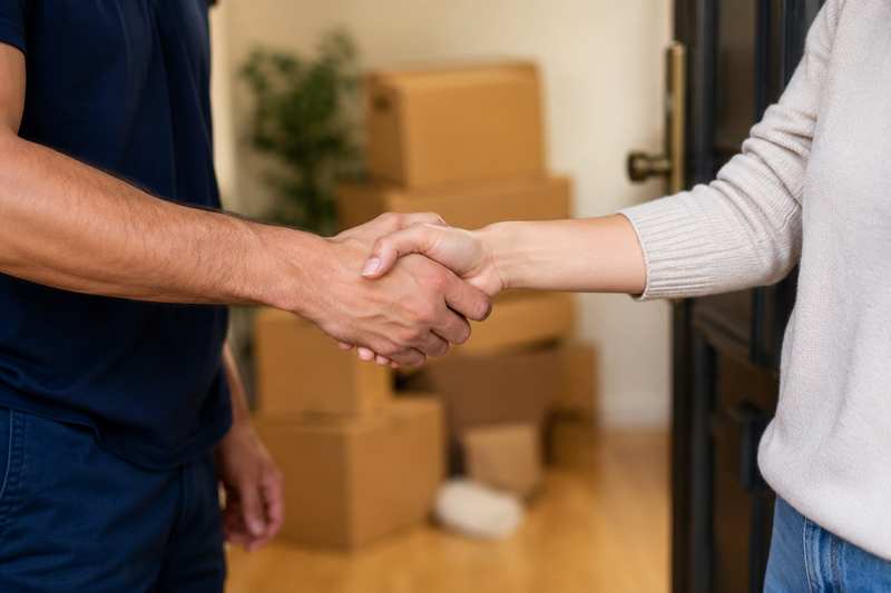 Poignée de main entre un déménageur et une cliente