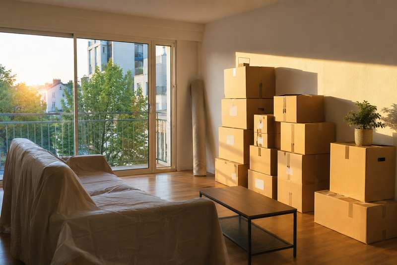 Salon en fin de déménagement, cartons empilés et canapé sous housse